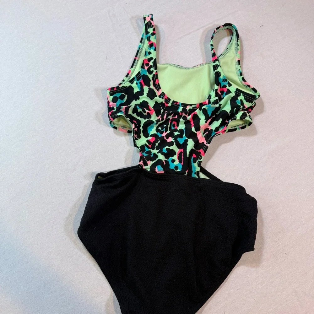 Art Class One Piece Swimsuit Kids L 10/12 Black Neon Leopard Cutout 90s Inspired